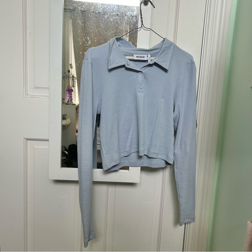 ASOS Weekday Baby Blue Collar Ribbed Crop Top